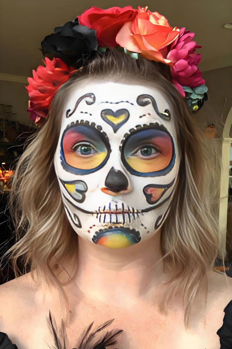 June Bloomy Day of the Dead Headpiece Halloween Costume Headpiece Mexican Floral Crown Rose Headband (Black Red Orange) - Image 3